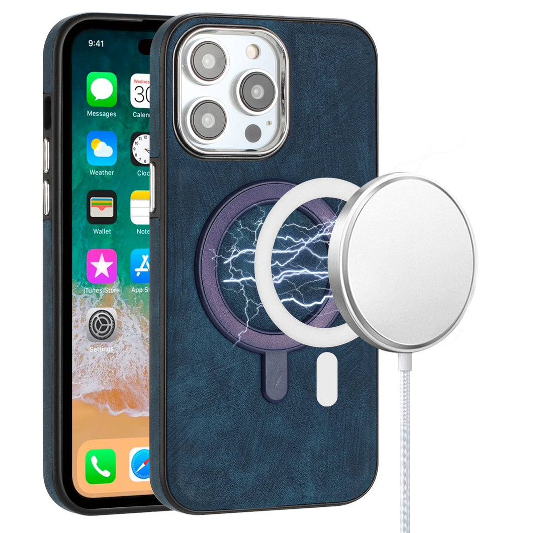 For iPhone 11 Pro Max Case Soft Vegan Leather Magnetic Circle + Tempered Glass