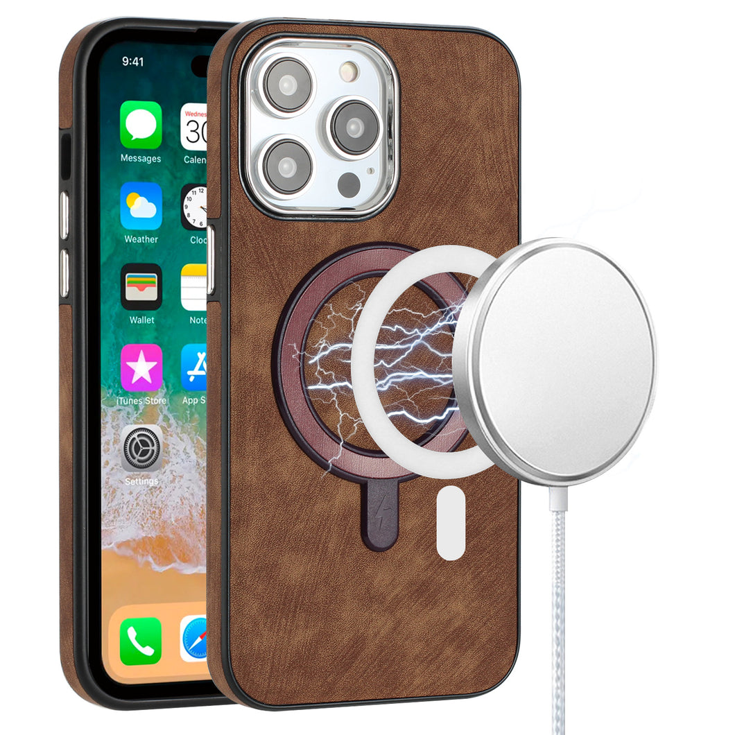 For iPhone 11 6.1 in. Case Soft Vegan Leather Magnetic Circle + Tempered Glass