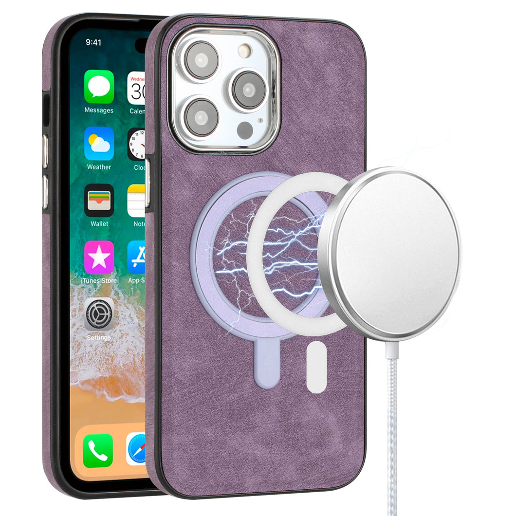For iPhone 15 Case Vegan Soft Leather Magnetic Circle Cover  + 2 Tempered Glass
