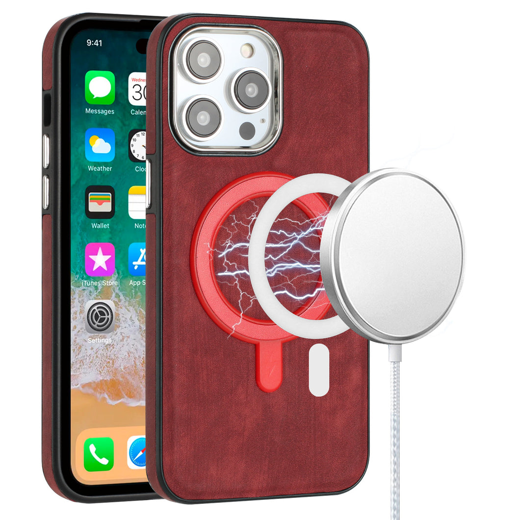 For iPhone 11 Pro Max Case Soft Vegan Leather Magnetic Circle + Tempered Glass