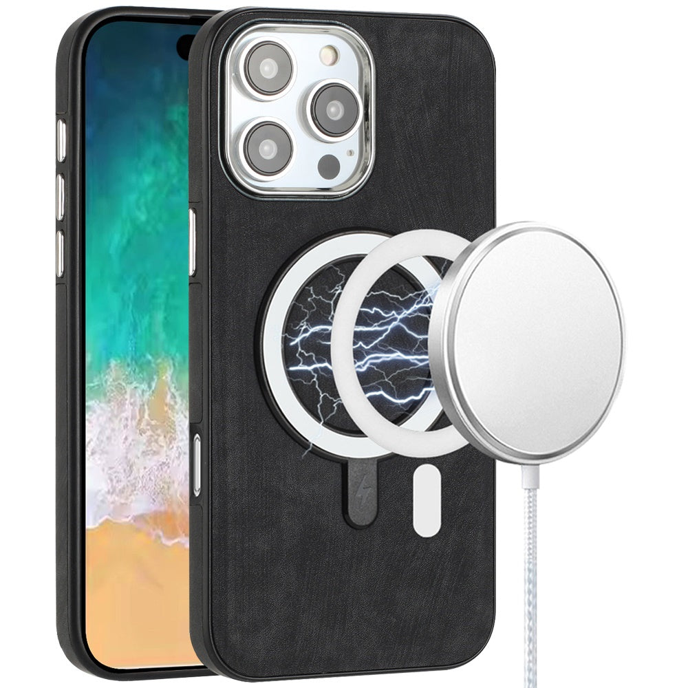 For iPhone 16 PRO MAX Case Vegan Leather Magnetic Circle Cover + Tempered Glass