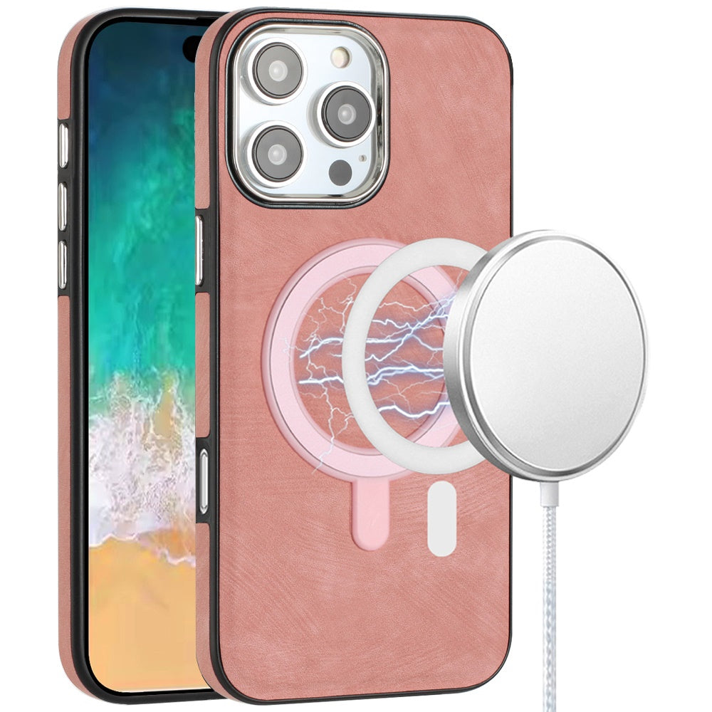 For iPhone 16 PRO MAX Case Vegan Leather Magnetic Circle Cover + Tempered Glass