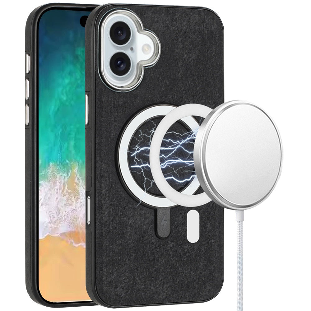 For iPhone 16 Plus 6.7in Case Vegan Leather Magnetic Circle + Tempered Glass