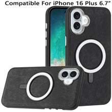 For iPhone 16 Plus 6.7in Case Vegan Leather Magnetic Circle + Tempered Glass