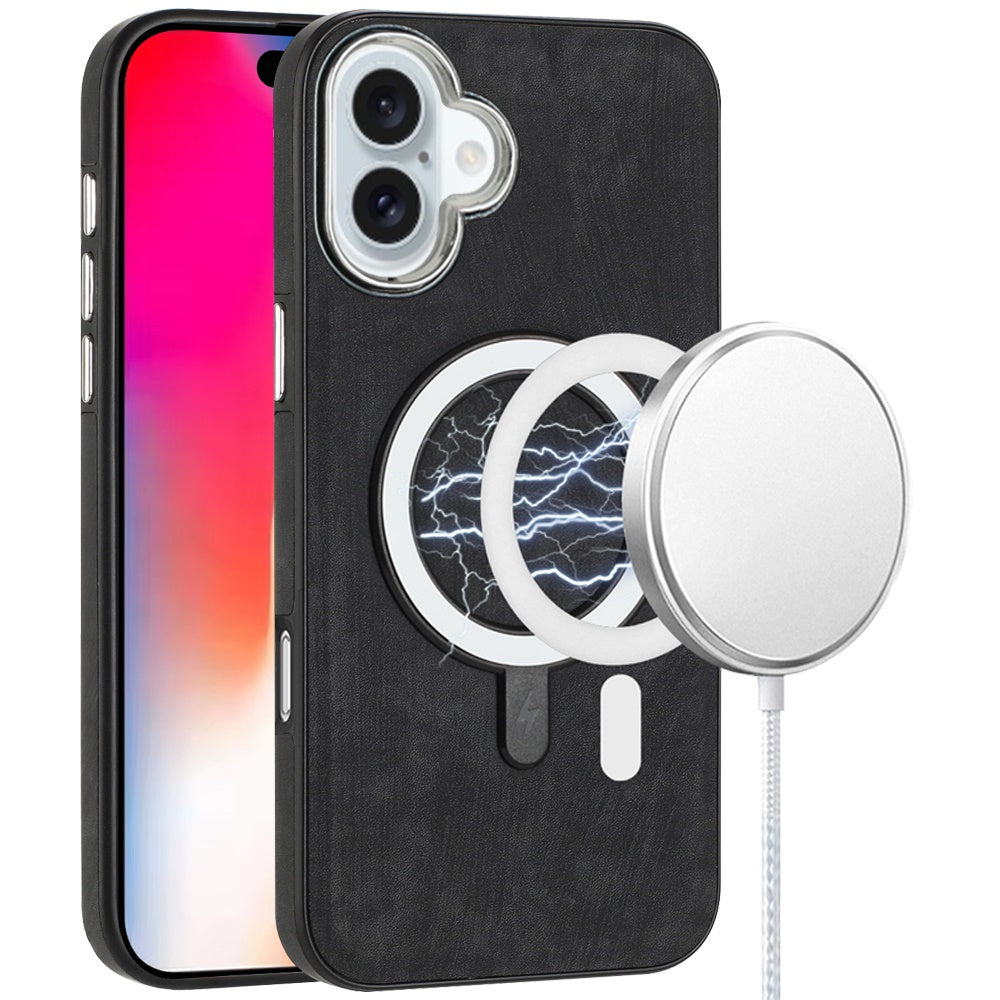 For iPhone 16 6.1inch Case Vegan Leather Magnetic Circle Cover + Tempered Glass