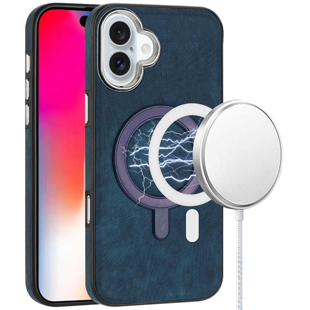 For iPhone 16 6.1inch Case Vegan Leather Magnetic Circle Cover + Tempered Glass