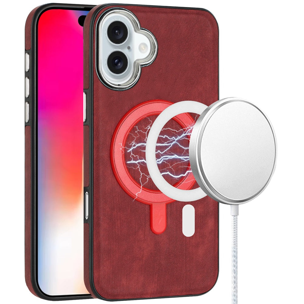 For iPhone 16 6.1inch Case Vegan Leather Magnetic Circle Cover + Tempered Glass