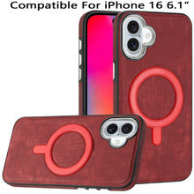 For iPhone 16 6.1inch Case Vegan Leather Magnetic Circle Cover + Tempered Glass