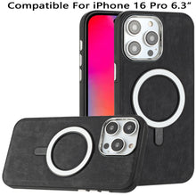 For iPhone 16 Pro 6.3in Case Vegan Leather Magnetic Circle Cover +Tempered Glass