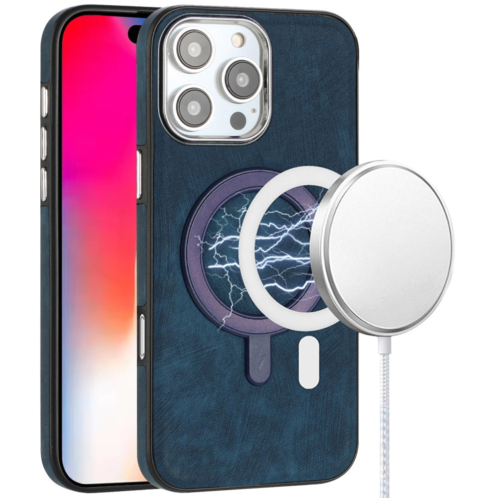 For iPhone 16 Pro 6.3in Case Vegan Leather Magnetic Circle Cover +Tempered Glass