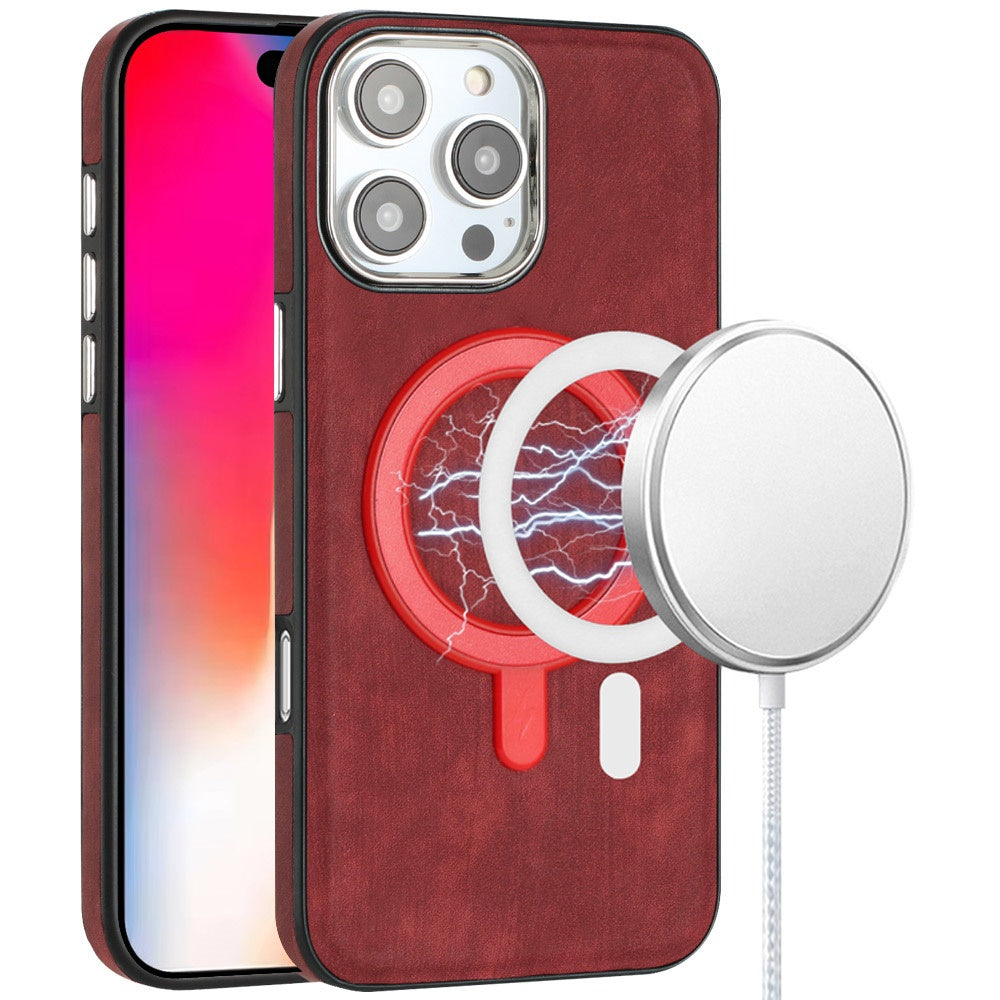 For iPhone 16 Pro 6.3in Case Vegan Leather Magnetic Circle Cover +Tempered Glass