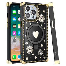 For iPhone 15 PRO Case Magnetic Circle Hearts Bling Cover + 2 Tempered Glass