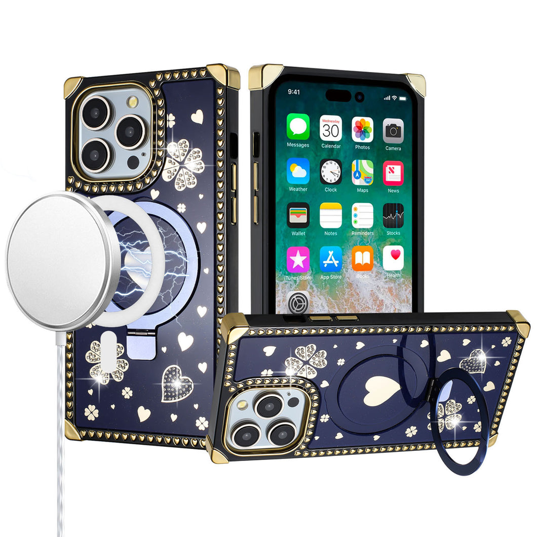 For iPhone 15 PRO Case Magnetic Circle Hearts Bling Cover + 2 Tempered Glass