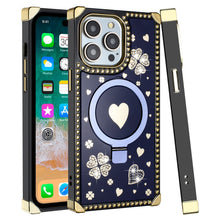 For iPhone 15 PRO Case Magnetic Circle Hearts Bling Cover + 2 Tempered Glass