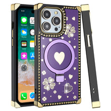 For iPhone 15 PRO Case Magnetic Circle Hearts Bling Cover + 2 Tempered Glass