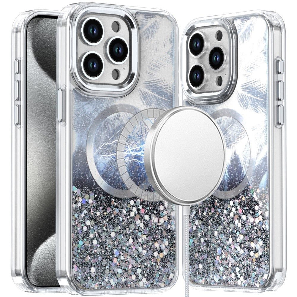 For iPhone 15 Pro Max Case Feathers Glitter Magnetic Circle + 2 Tempered Glass