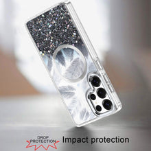 For Samsung S26 Ultra Case Feathers Glitter Magnetic Circle + Tempered Glass