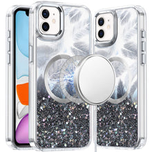 For iPhone 11 6.1 in. Case Feathers Glitter Magnetic Circle + Tempered Glass