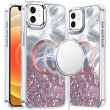For iPhone 12, 12 Pro Case Feathers Glitter Magnetic Circle + Tempered Glass