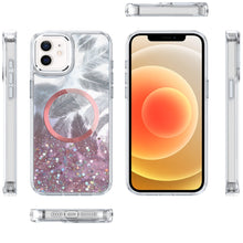 For iPhone 12, 12 Pro Case Feathers Glitter Magnetic Circle + Tempered Glass