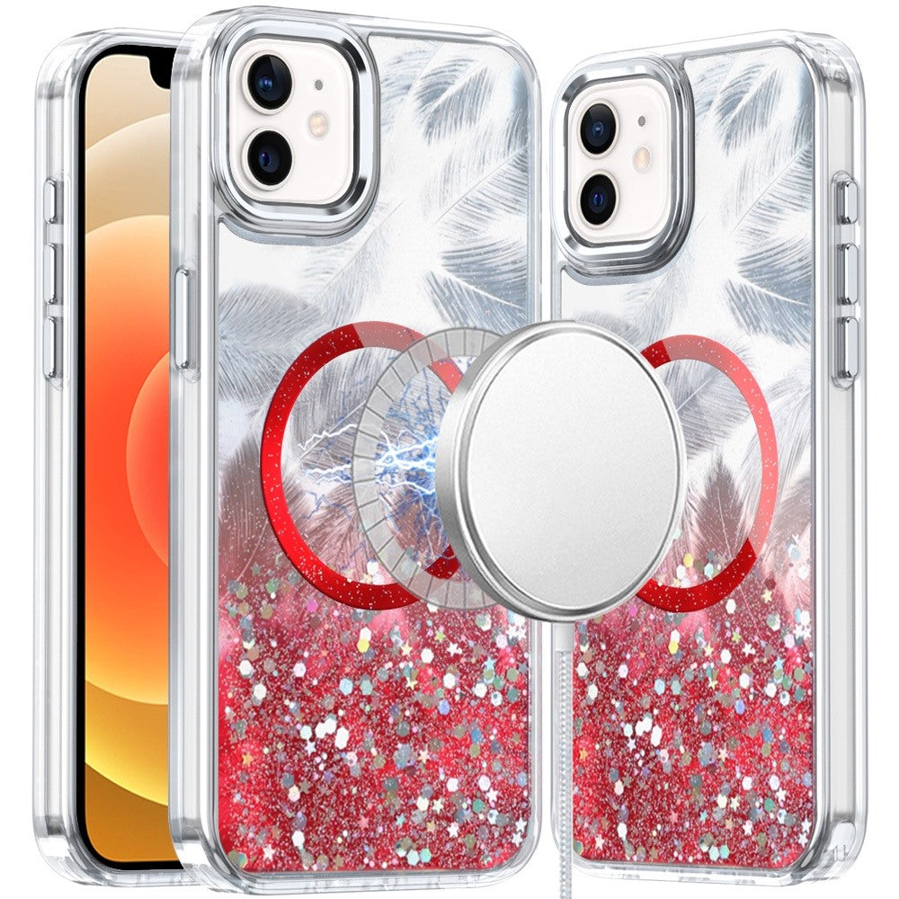 For iPhone 12, 12 Pro Case Feathers Glitter Magnetic Circle + Tempered Glass
