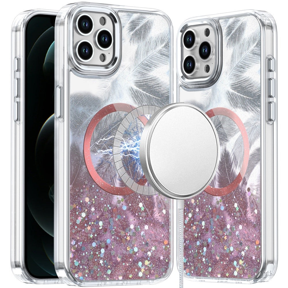 For iPhone 12 Pro Max Case Feathers Glitter Magnetic Circle + Tempered Glass