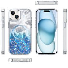 For iPhone 15 Case Feathers Fused Glitter Magnetic Circle + 2 Tempered Glass