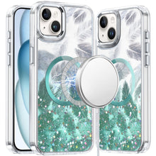 For iPhone 15 Case Feathers Fused Glitter Magnetic Circle + 2 Tempered Glass