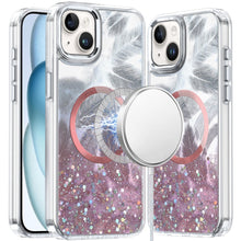 For iPhone 15 Case Feathers Fused Glitter Magnetic Circle + 2 Tempered Glass