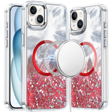 For iPhone 15 Case Feathers Fused Glitter Magnetic Circle + 2 Tempered Glass