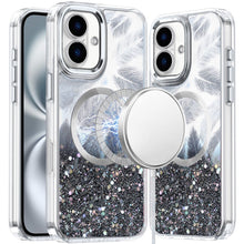 For iPhone 16 6.1inch Case Feathers Glitter Magnetic Circle + Tempered Glass