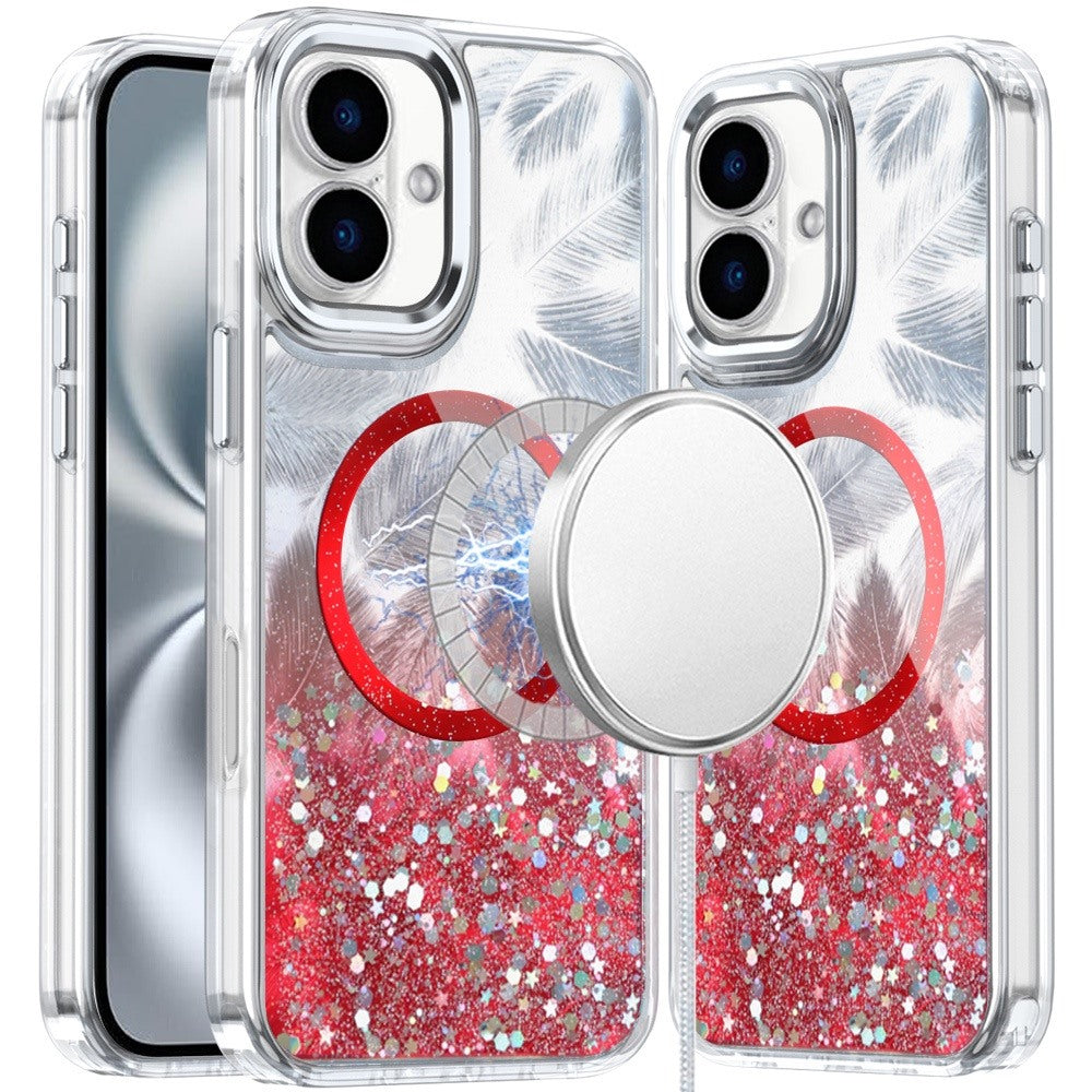 For iPhone 16 6.1inch Case Feathers Glitter Magnetic Circle + Tempered Glass
