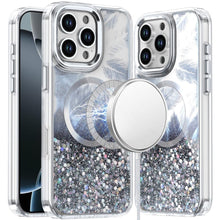 For iPhone 16 Pro 6.3in Case Feathers Glitter Magnetic Circle + Tempered Glass