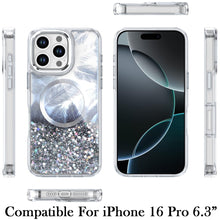 For iPhone 16 Pro 6.3in Case Feathers Glitter Magnetic Circle + Tempered Glass