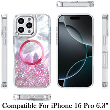 For iPhone 16 Pro 6.3in Case Feathers Glitter Magnetic Circle + Tempered Glass