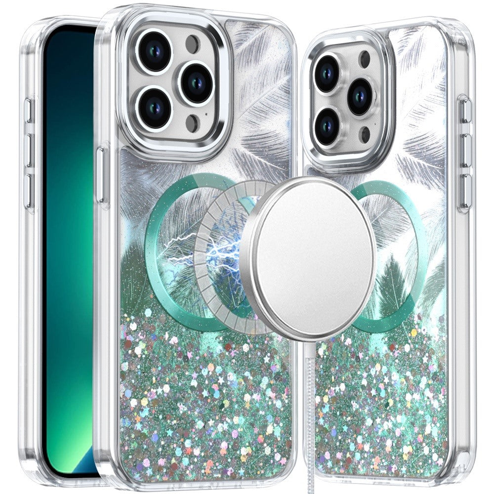 For iPhone 13 Pro Max 6.7 inch Case Feathers Fused Glitter with Magnetic Circle