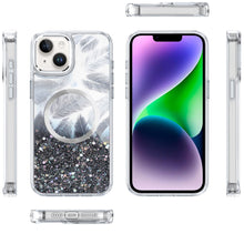 For iPhone 13/14 Case Feathers Fused Glitter Magnetic Circle + Tempered Glass