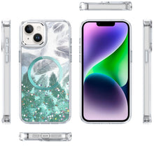 For iPhone 13/14 Case Feathers Fused Glitter Magnetic Circle + Tempered Glass