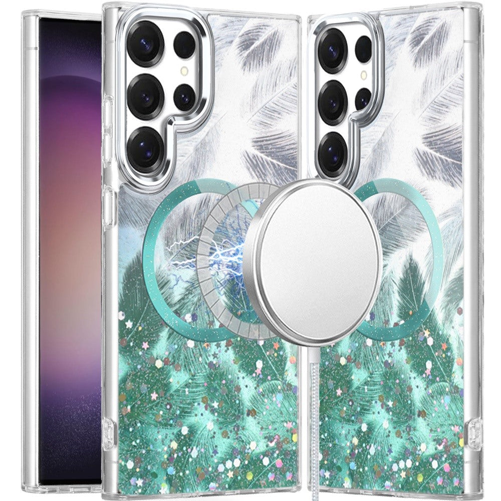 For Samsung S23 Ultra Case Feathers Glitter Epoxy Magnetic Circle Phone Cover