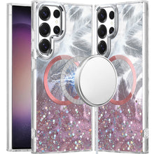 For Samsung S23 Ultra Case Feathers Glitter Epoxy Magnetic Circle Phone Cover