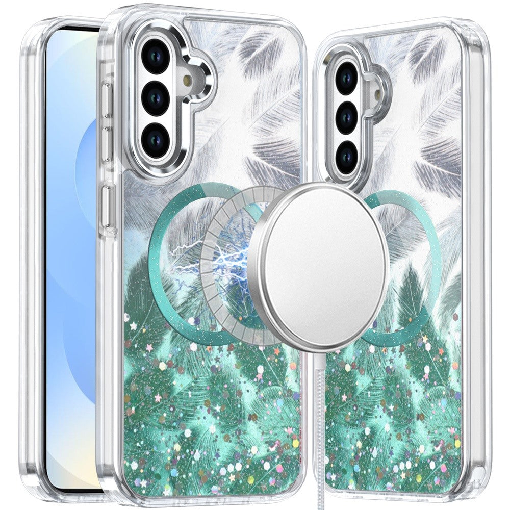 For Samsung S25/S24 Case Feathers Epoxy Glitter Magnetic Circle + Tempered Glass