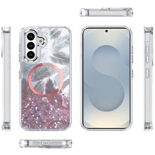 For Samsung S26 6.3" Case Feathers Glitter Magnetic Circle + Tempered Glass