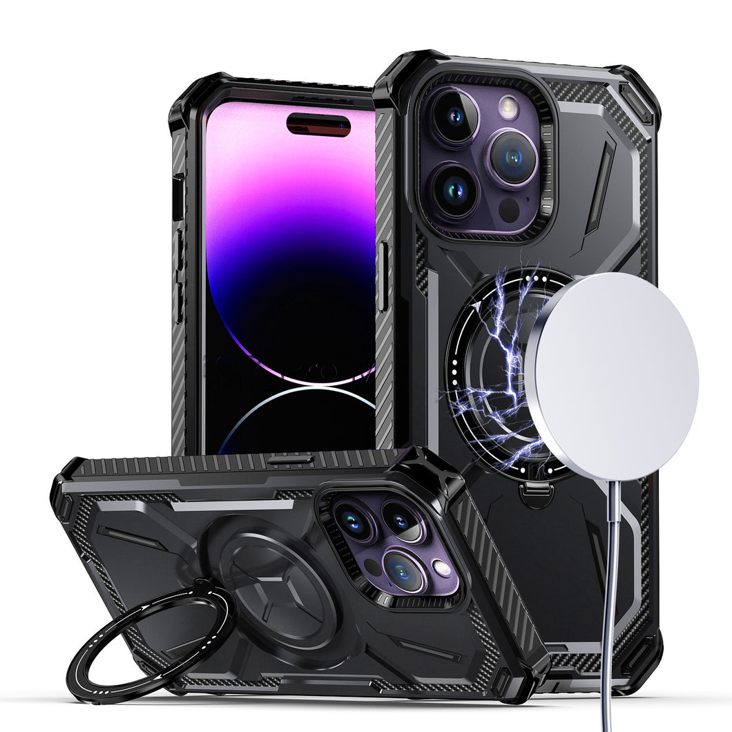 For iPhone 11 6.1 in. Case Magnetic Circle Stand Shockproof + Tempered Glass