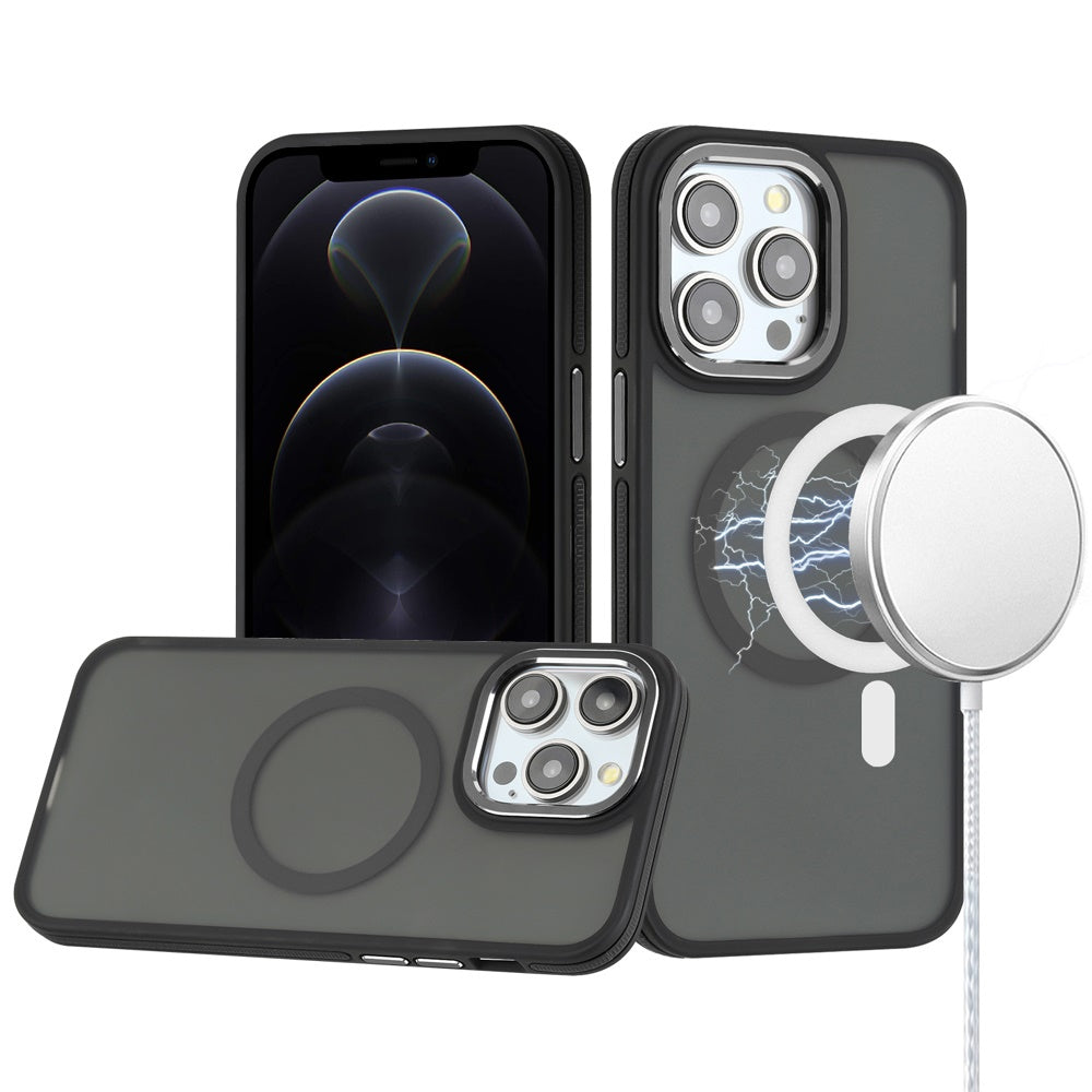 For iPhone 12 Pro Max Case Magnetic Circle Soft Touch Frosted + Tempered Glass