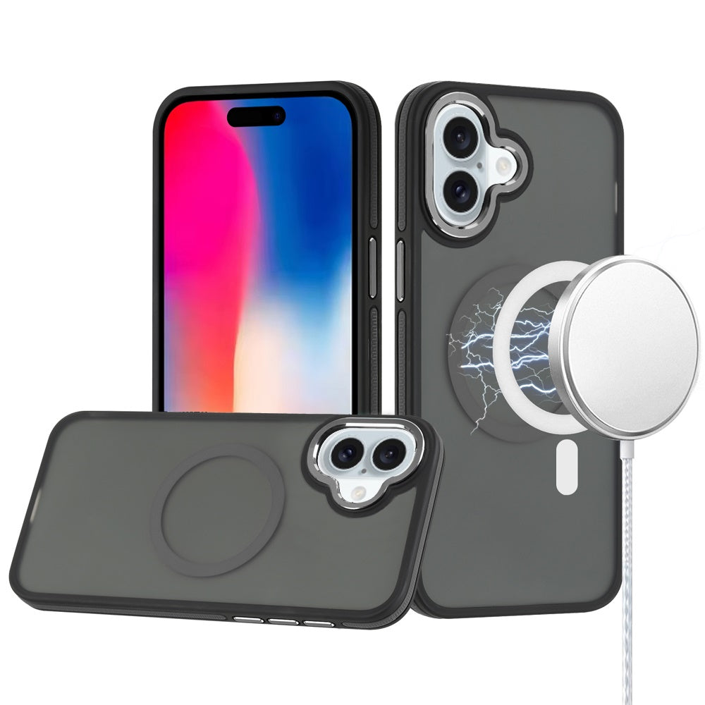 For iPhone 16 6.1inch Case Magnetic Circle Soft Metal Buttons + Tempered Glass
