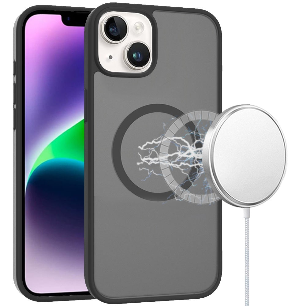 For iPhone 13/14 Case Magnetic Circle Soft Touch Translucent + Tempered Glass
