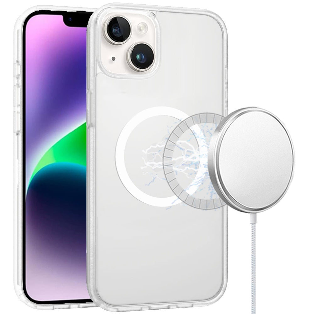 For iPhone 13/14 Case Magnetic Circle Soft Touch Translucent + Tempered Glass