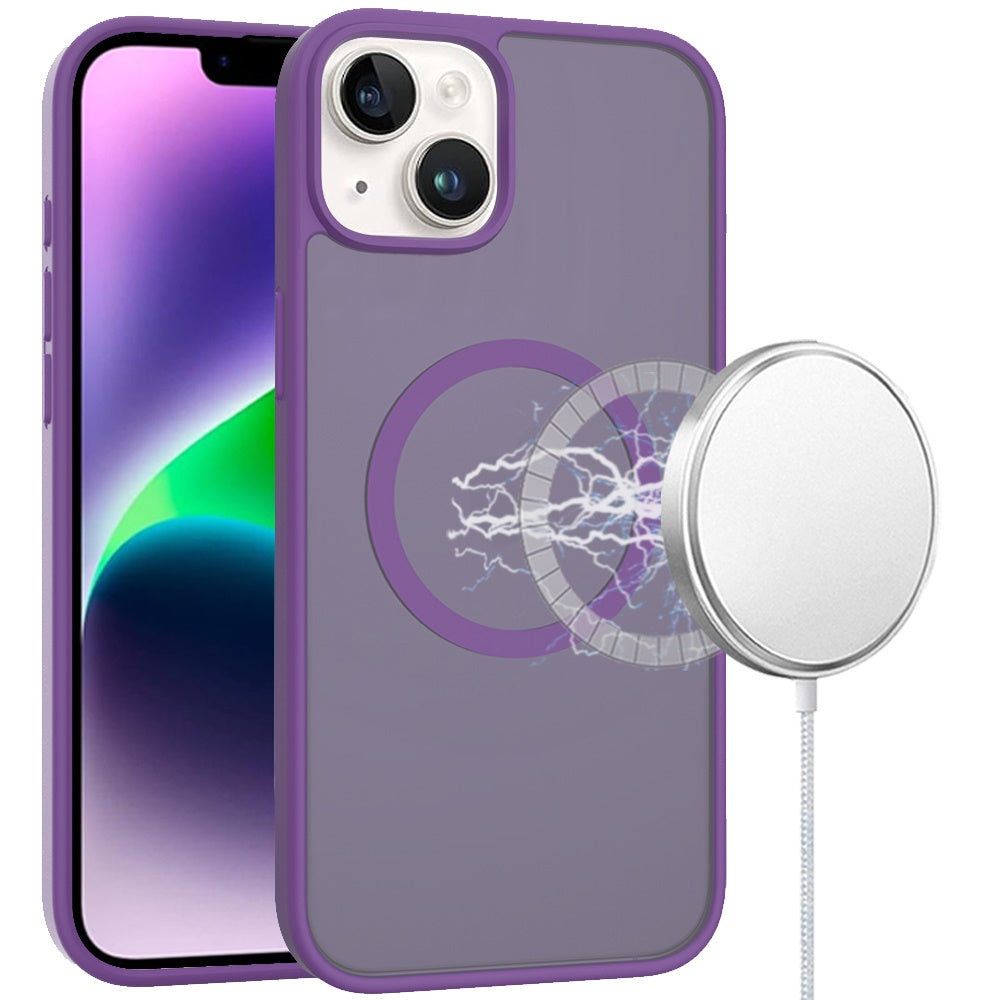 For iPhone 13/14 Case Magnetic Circle Soft Touch Translucent + Tempered Glass