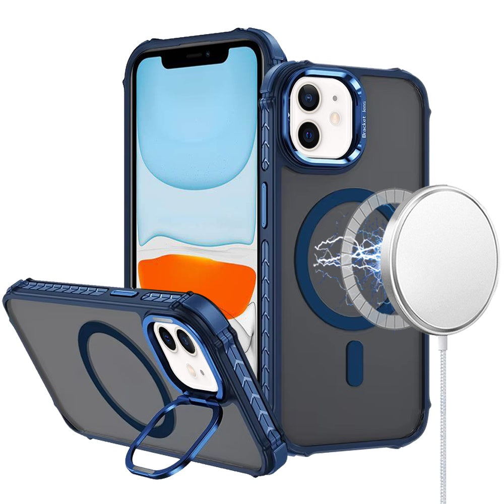 For iPhone 11 6.1 in. Case Metal Lens Stand Cover Magnet Circle + Tempered Glass