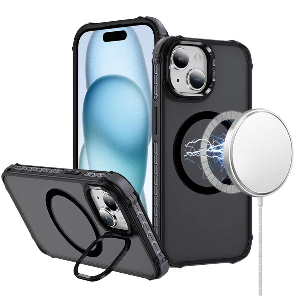 For iPhone 15 Case Metal Lens Stand Cover Magnetic Circle + 2 Tempered Glass